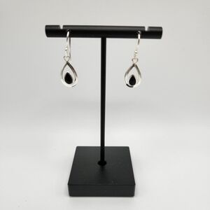 Onyx sterling silver earrings. Dangling tear drop hook earrings pierced